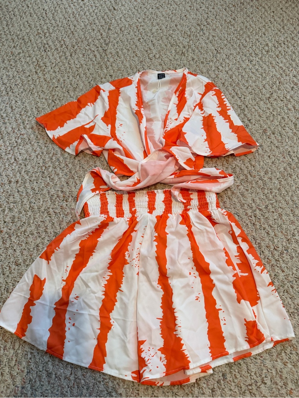 SHEIN Orange and White Tie-Front Two-Piece Dress Set
